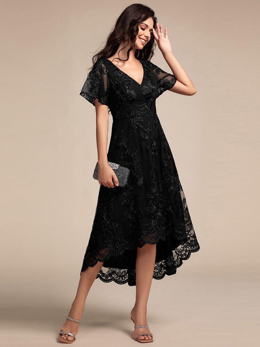 ever TIDAL|Embroidered Mesh Double V-Neck Short Sleeves Midi Wedding Guest Dress