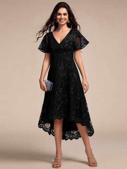 ever TIDAL|Embroidered Mesh Double V-Neck Short Sleeves Midi Wedding Guest Dress