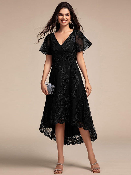 ever TIDAL|Embroidered Mesh Double V-Neck Short Sleeves Midi Wedding Guest Dress