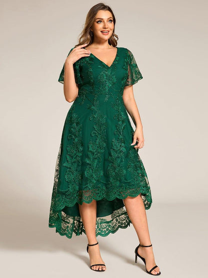 pretty TIDAL|Plus Size Short Sleeves Embroidered Mesh A-Line V-Neck Midi Wedding Guest Dress