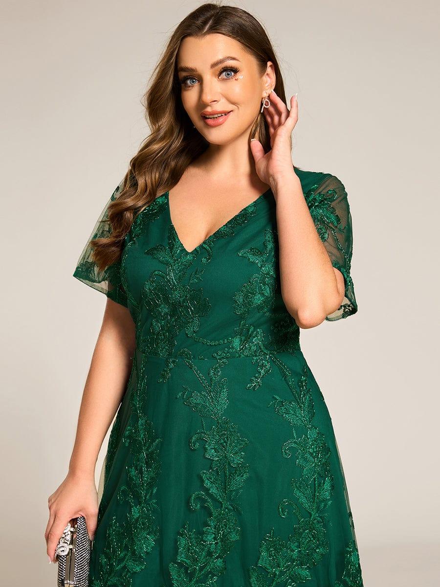 pretty TIDAL|Plus Size Short Sleeves Embroidered Mesh A-Line V-Neck Midi Wedding Guest Dress