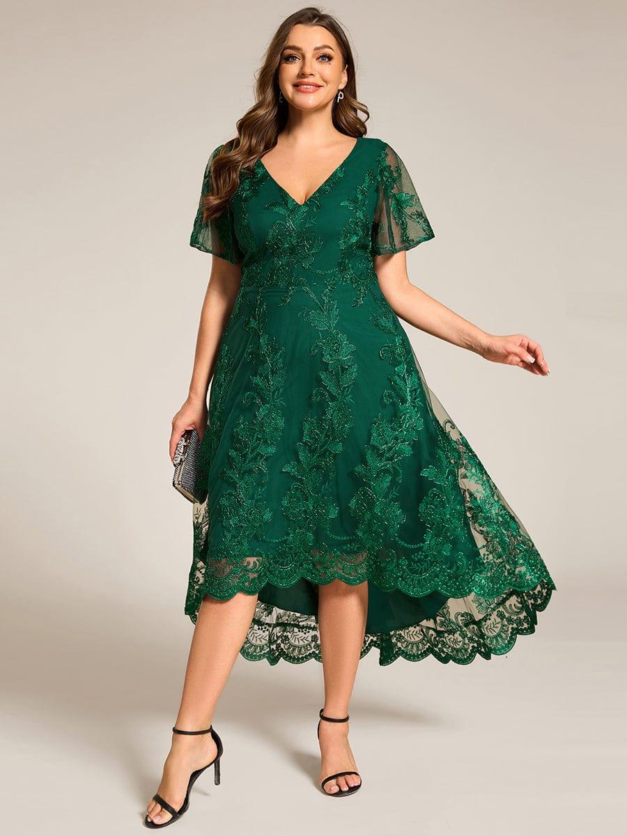 pretty TIDAL|Plus Size Short Sleeves Embroidered Mesh A-Line V-Neck Midi Wedding Guest Dress