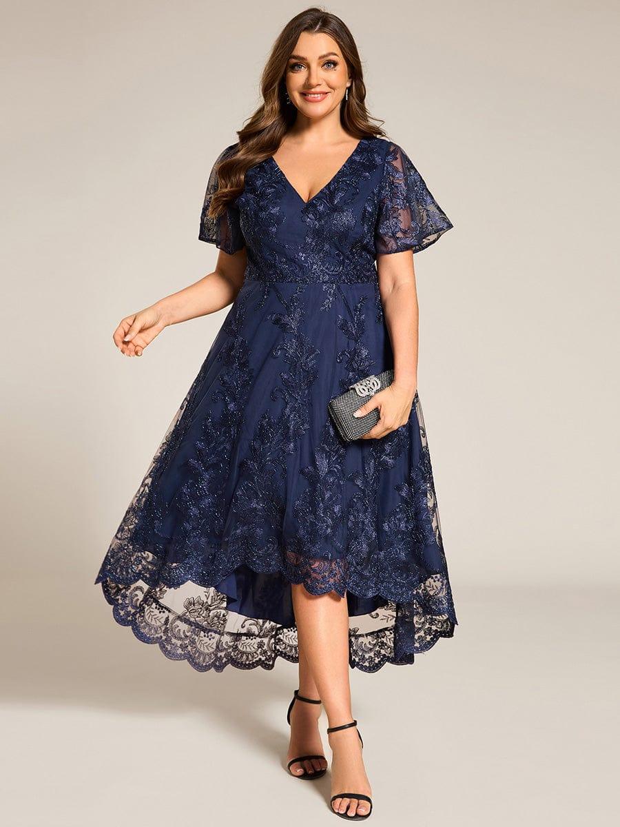 pretty TIDAL|Plus Size Short Sleeves Embroidered Mesh A-Line V-Neck Midi Wedding Guest Dress