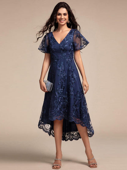 ever TIDAL|Embroidered Mesh Double V-Neck Short Sleeves Midi Wedding Guest Dress