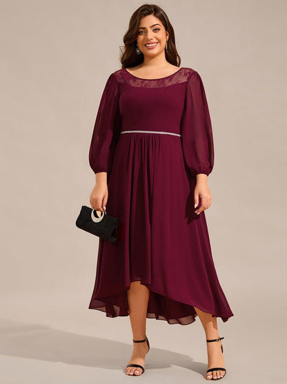 pretty AMYRA|Plus Size Lace Round Neck Long Sleeve Chiffon Midi Wedding Guest Dress