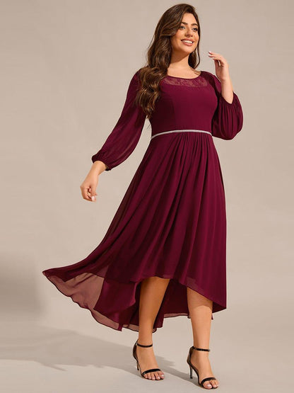 pretty AMYRA|Plus Size Lace Round Neck Long Sleeve Chiffon Midi Wedding Guest Dress