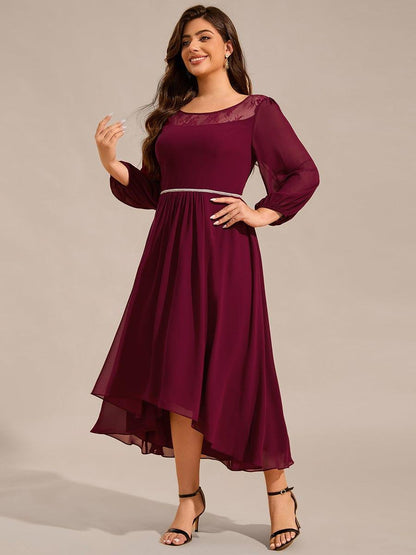 pretty AMYRA|Plus Size Lace Round Neck Long Sleeve Chiffon Midi Wedding Guest Dress
