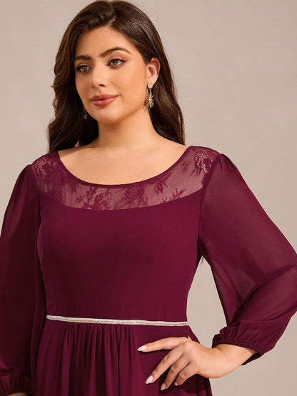 pretty AMYRA|Plus Size Lace Round Neck Long Sleeve Chiffon Midi Wedding Guest Dress