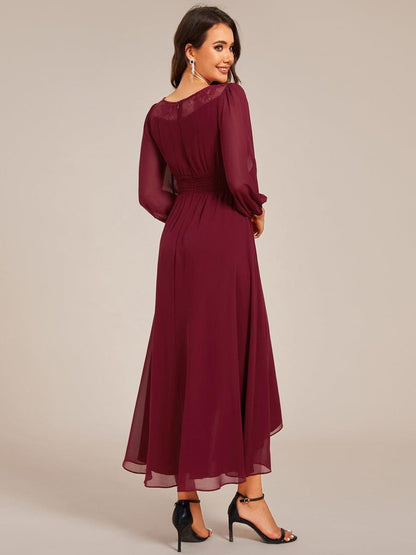 ever AMYRA|Long Sleeve Waist Chain Round Neckline Midi Chiffon Wedding Guest Dress