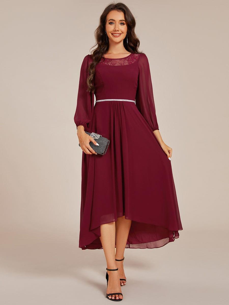ever AMYRA|Long Sleeve Waist Chain Round Neckline Midi Chiffon Wedding Guest Dress