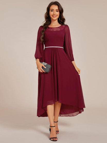 ever AMYRA|Long Sleeve Waist Chain Round Neckline Midi Chiffon Wedding Guest Dress
