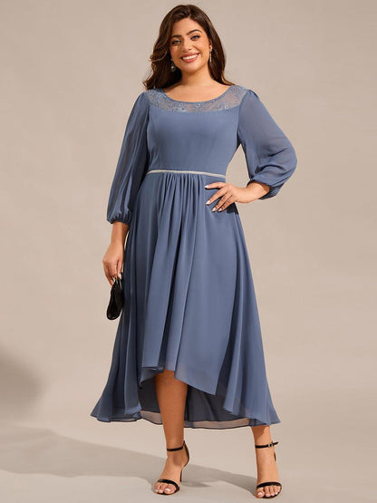 pretty AMYRA|Plus Size Lace Round Neck Long Sleeve Chiffon Midi Wedding Guest Dress