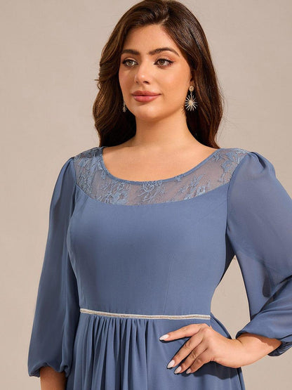 pretty AMYRA|Plus Size Lace Round Neck Long Sleeve Chiffon Midi Wedding Guest Dress