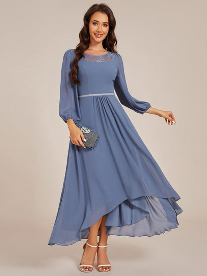 ever AMYRA|Long Sleeve Waist Chain Round Neckline Midi Chiffon Wedding Guest Dress