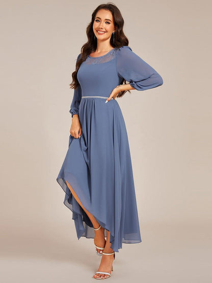 ever AMYRA|Long Sleeve Waist Chain Round Neckline Midi Chiffon Wedding Guest Dress