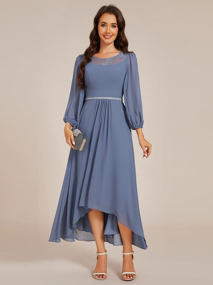 ever AMYRA|Long Sleeve Waist Chain Round Neckline Midi Chiffon Wedding Guest Dress