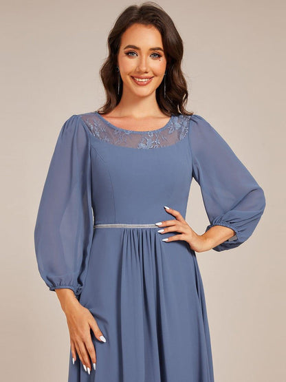 ever AMYRA|Long Sleeve Waist Chain Round Neckline Midi Chiffon Wedding Guest Dress