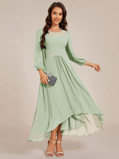 ever AMYRA|Long Sleeve Waist Chain Round Neckline Midi Chiffon Wedding Guest Dress