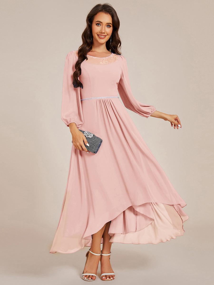 ever AMYRA|Long Sleeve Waist Chain Round Neckline Midi Chiffon Wedding Guest Dress