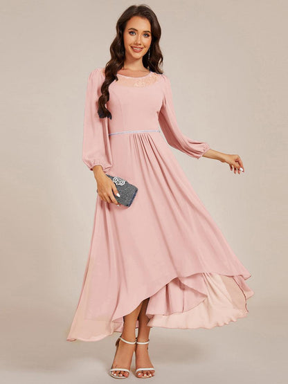 ever AMYRA|Long Sleeve Waist Chain Round Neckline Midi Chiffon Wedding Guest Dress