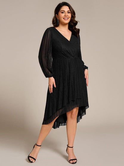 pretty BRISTOL|Plus Size Pleated Long Sleeve V-Neck Midi Glitter Wedding Guest Dress