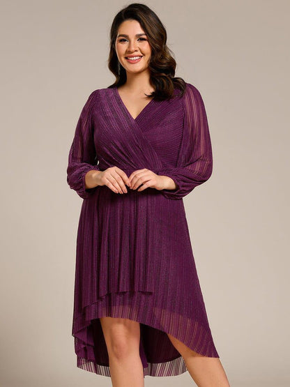 pretty BRISTOL|Plus Size Pleated Long Sleeve V-Neck Midi Glitter Wedding Guest Dress