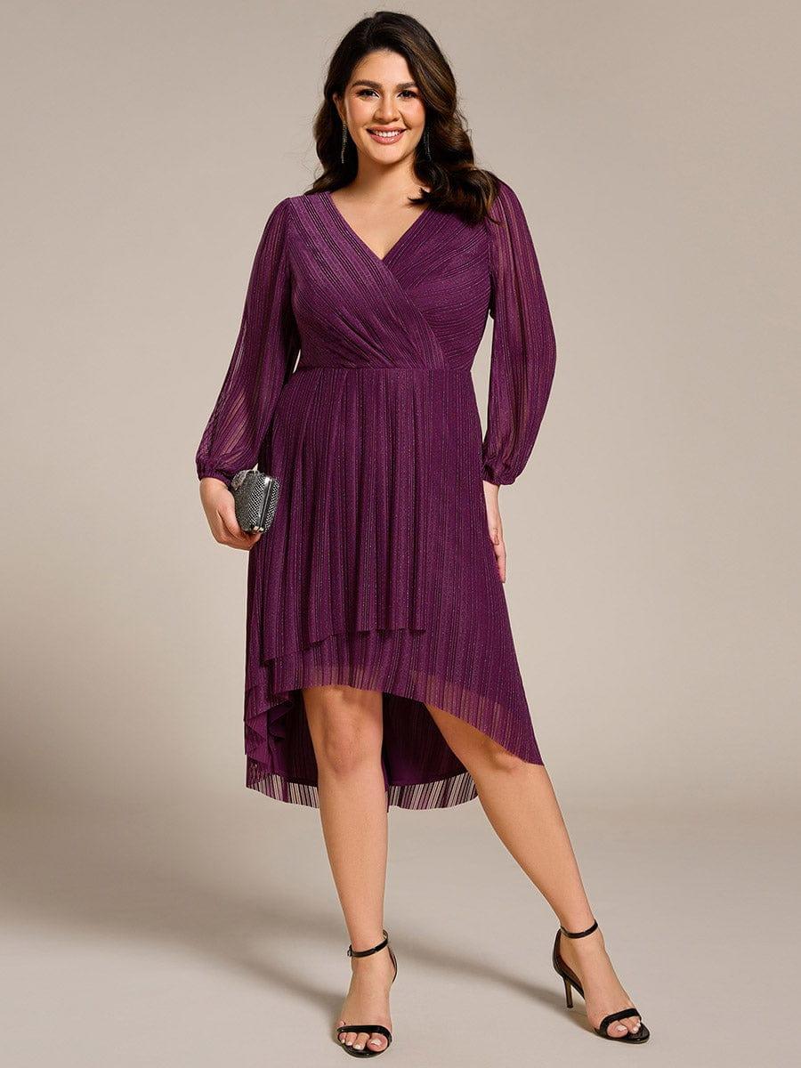 pretty BRISTOL|Plus Size Pleated Long Sleeve V-Neck Midi Glitter Wedding Guest Dress