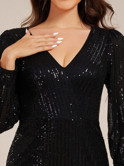 ever MAZIE|Sequin Long Sleeve Pencil Bodycon V-Neck Midi Wedding Guest Dress