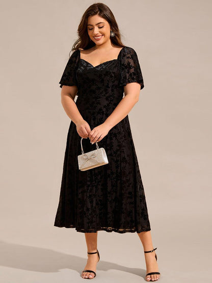 pretty BLOOM|Plus Size Printed Velvet A-Line Short Sleeve Tea Length Wedding Guest Dress