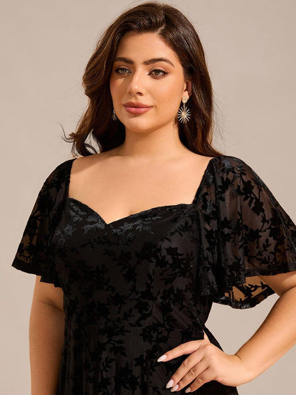 pretty BLOOM|Plus Size Printed Velvet A-Line Short Sleeve Tea Length Wedding Guest Dress