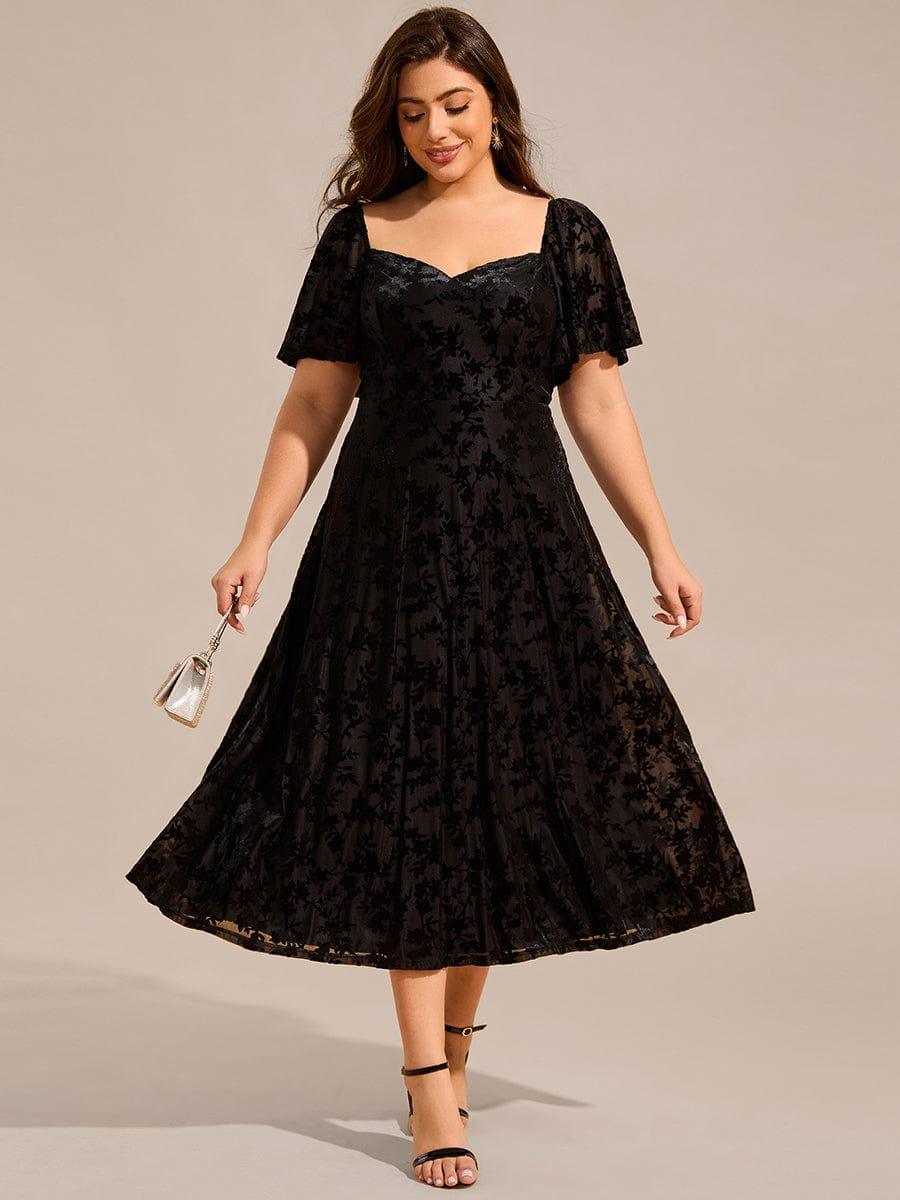 pretty BLOOM|Plus Size Printed Velvet A-Line Short Sleeve Tea Length Wedding Guest Dress