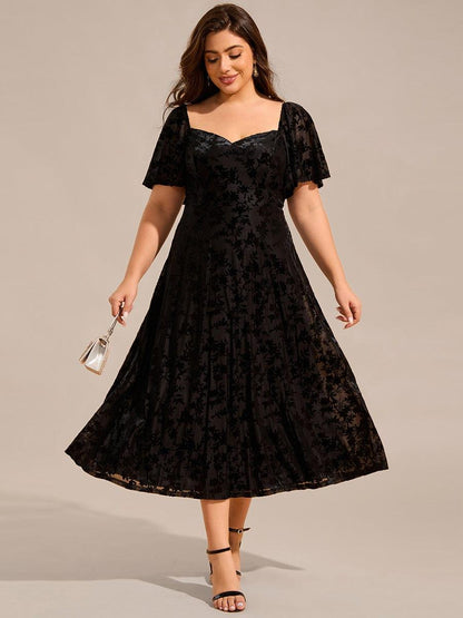 pretty BLOOM|Plus Size Printed Velvet A-Line Short Sleeve Tea Length Wedding Guest Dress