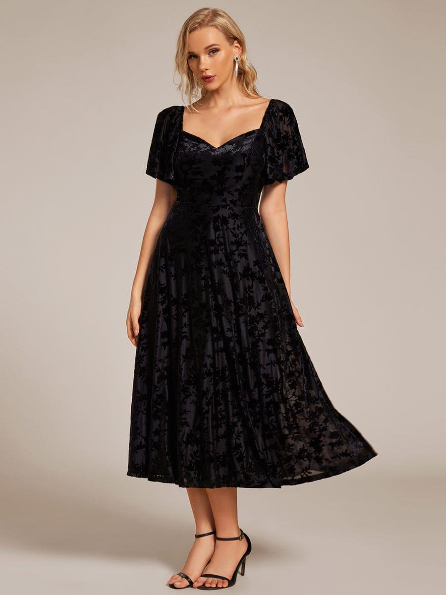 ever BLOOM|Elegant Stretchy Short Sleeve Tea Length Velvet Wedding Guest Dress