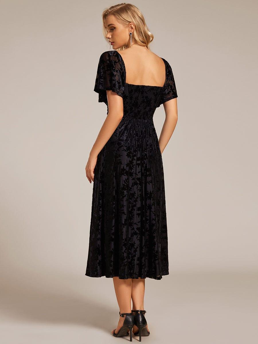 ever BLOOM|Elegant Stretchy Short Sleeve Tea Length Velvet Wedding Guest Dress