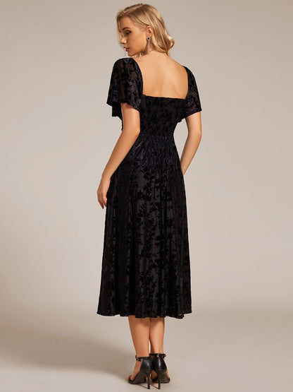 ever BLOOM|Elegant Stretchy Short Sleeve Tea Length Velvet Wedding Guest Dress