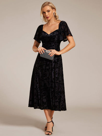 ever BLOOM|Elegant Stretchy Short Sleeve Tea Length Velvet Wedding Guest Dress