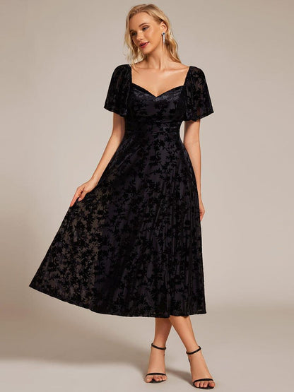 ever BLOOM|Elegant Stretchy Short Sleeve Tea Length Velvet Wedding Guest Dress