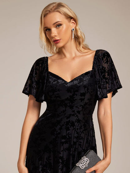 ever BLOOM|Elegant Stretchy Short Sleeve Tea Length Velvet Wedding Guest Dress