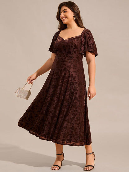 ever BLOOM|Elegant Stretchy Short Sleeve Tea Length Velvet Wedding Guest Dress