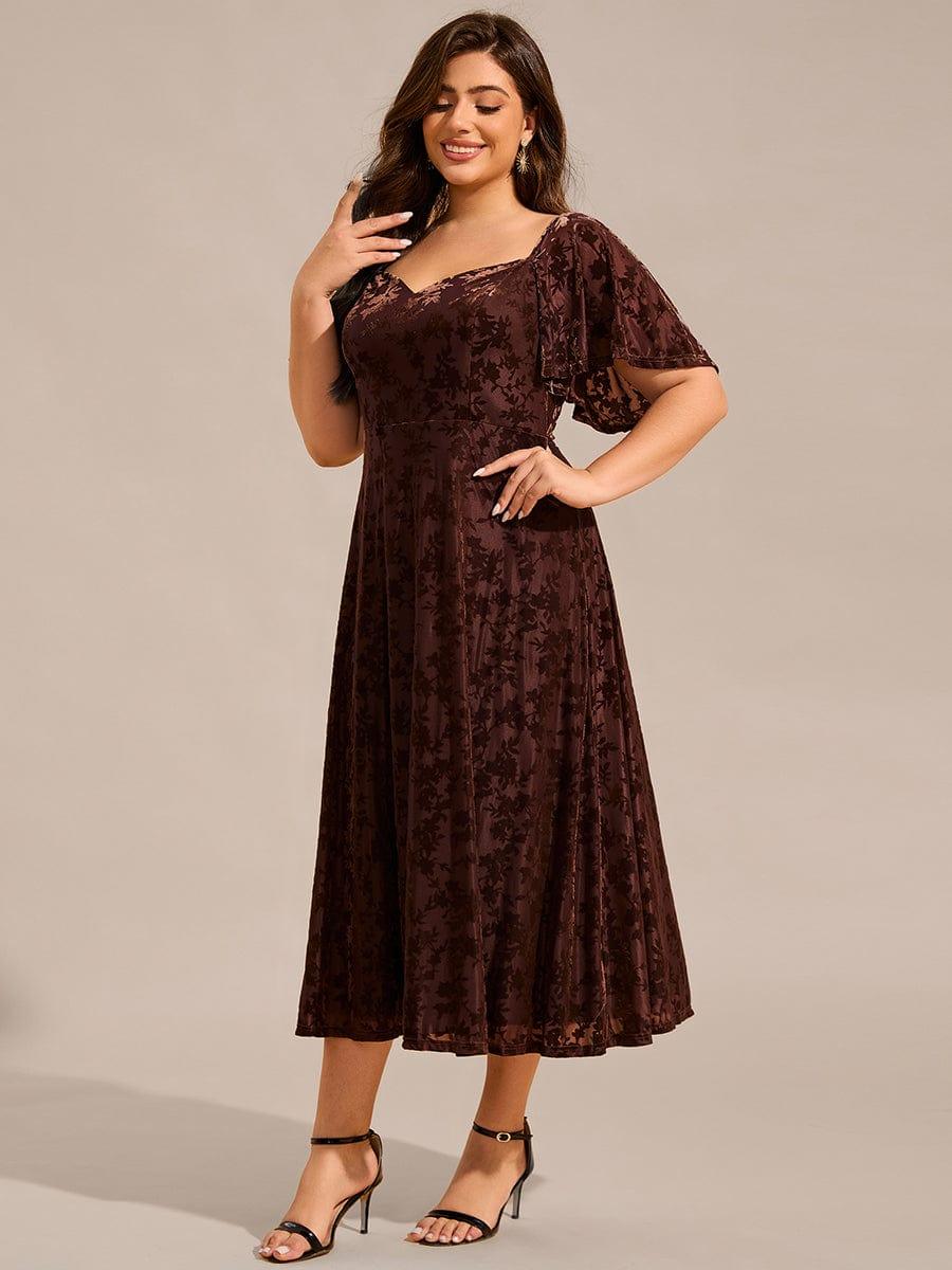 pretty BLOOM|Plus Size Printed Velvet A-Line Short Sleeve Tea Length Wedding Guest Dress