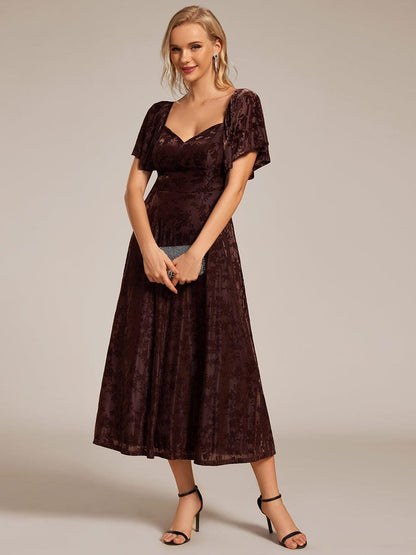 ever BLOOM|Elegant Stretchy Short Sleeve Tea Length Velvet Wedding Guest Dress