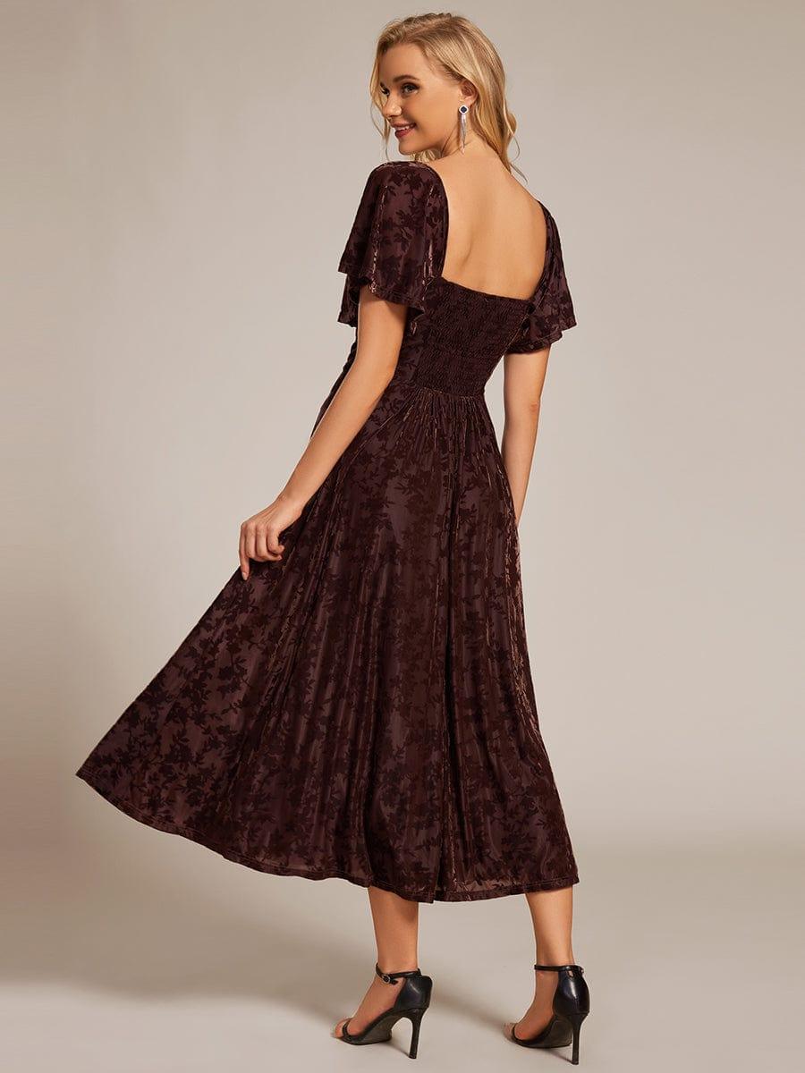 ever BLOOM|Elegant Stretchy Short Sleeve Tea Length Velvet Wedding Guest Dress