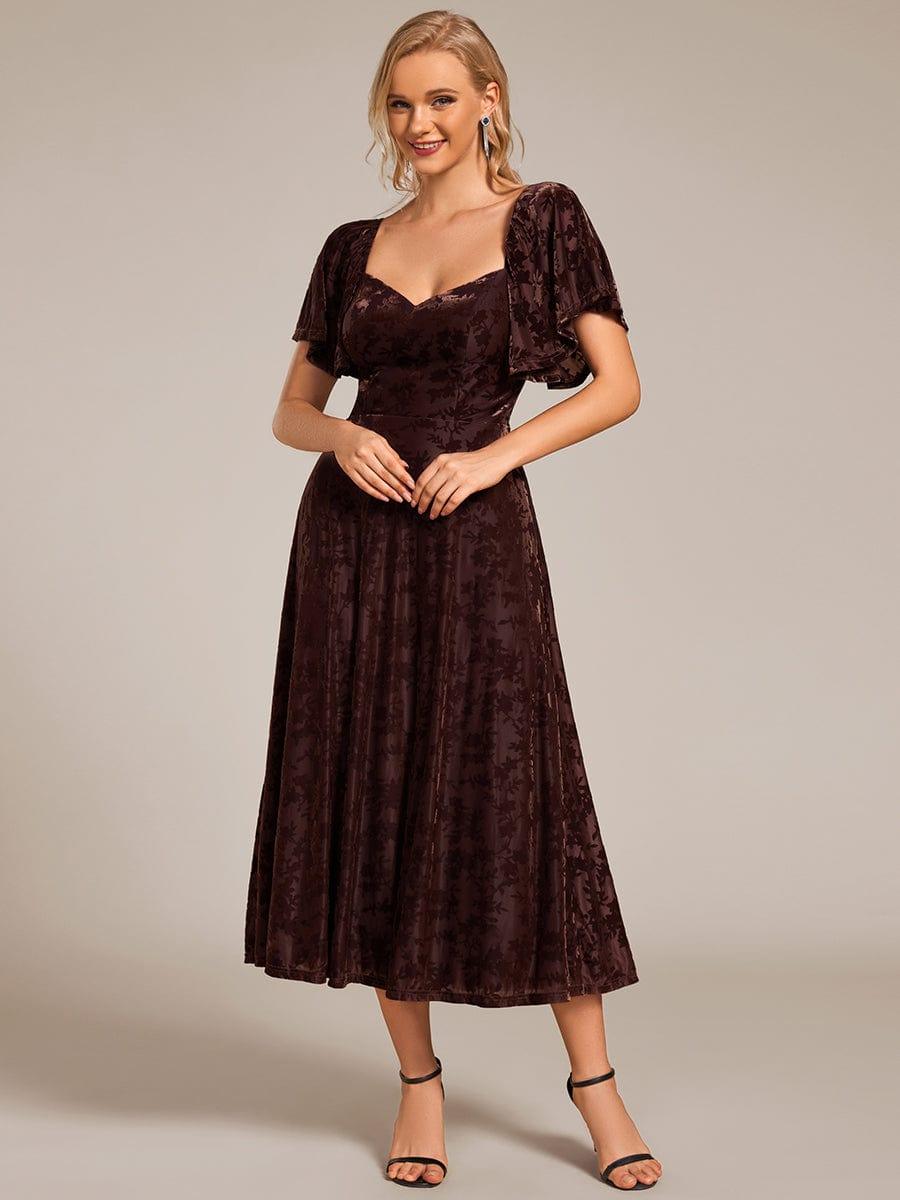 ever BLOOM|Elegant Stretchy Short Sleeve Tea Length Velvet Wedding Guest Dress