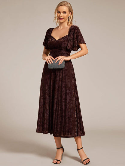 ever BLOOM|Elegant Stretchy Short Sleeve Tea Length Velvet Wedding Guest Dress