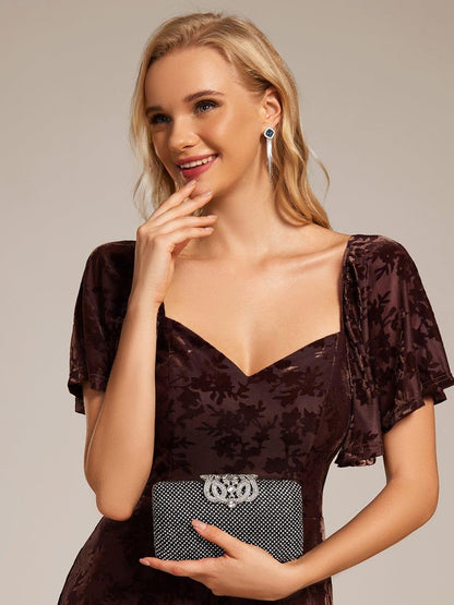 ever BLOOM|Elegant Stretchy Short Sleeve Tea Length Velvet Wedding Guest Dress