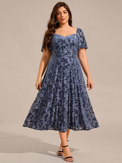 pretty BLOOM|Plus Size Printed Velvet A-Line Short Sleeve Tea Length Wedding Guest Dress