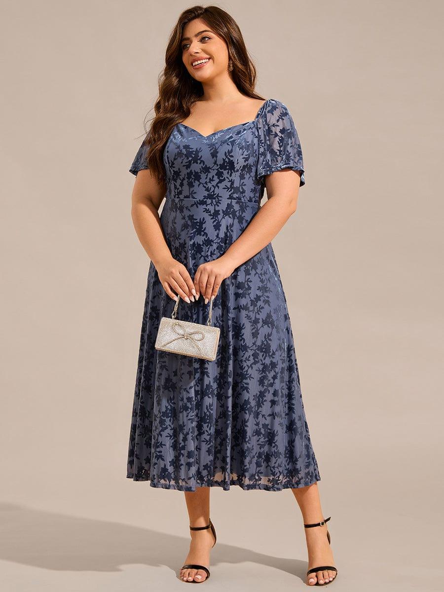 pretty BLOOM|Plus Size Printed Velvet A-Line Short Sleeve Tea Length Wedding Guest Dress