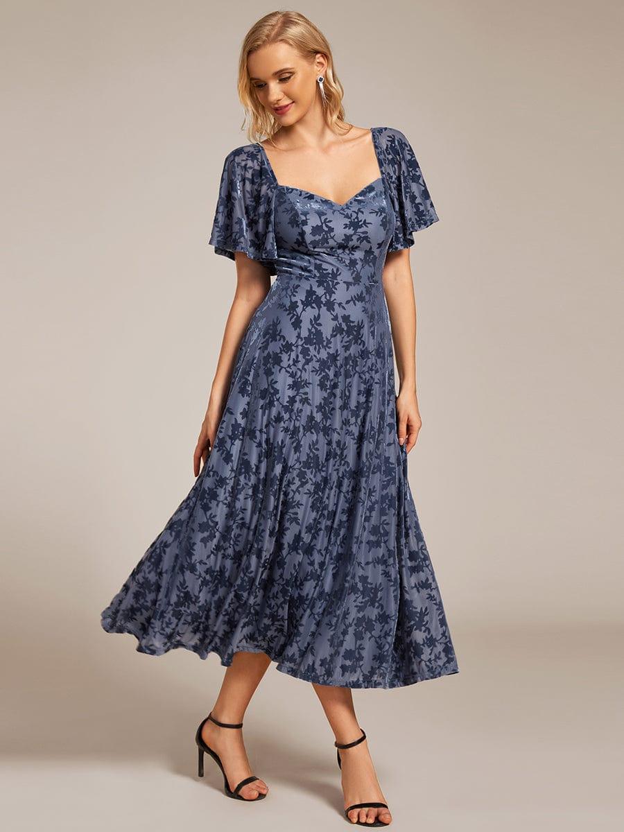ever BLOOM|Elegant Stretchy Short Sleeve Tea Length Velvet Wedding Guest Dress