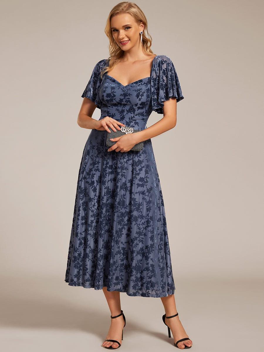 ever BLOOM|Elegant Stretchy Short Sleeve Tea Length Velvet Wedding Guest Dress