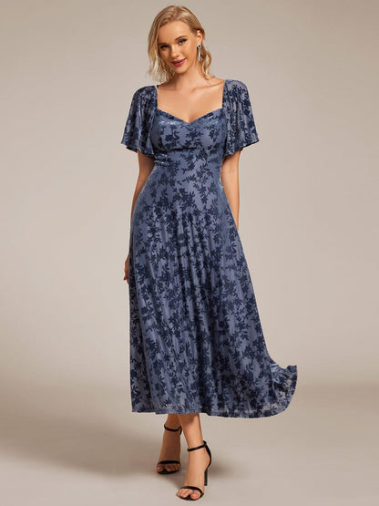 ever BLOOM|Elegant Stretchy Short Sleeve Tea Length Velvet Wedding Guest Dress